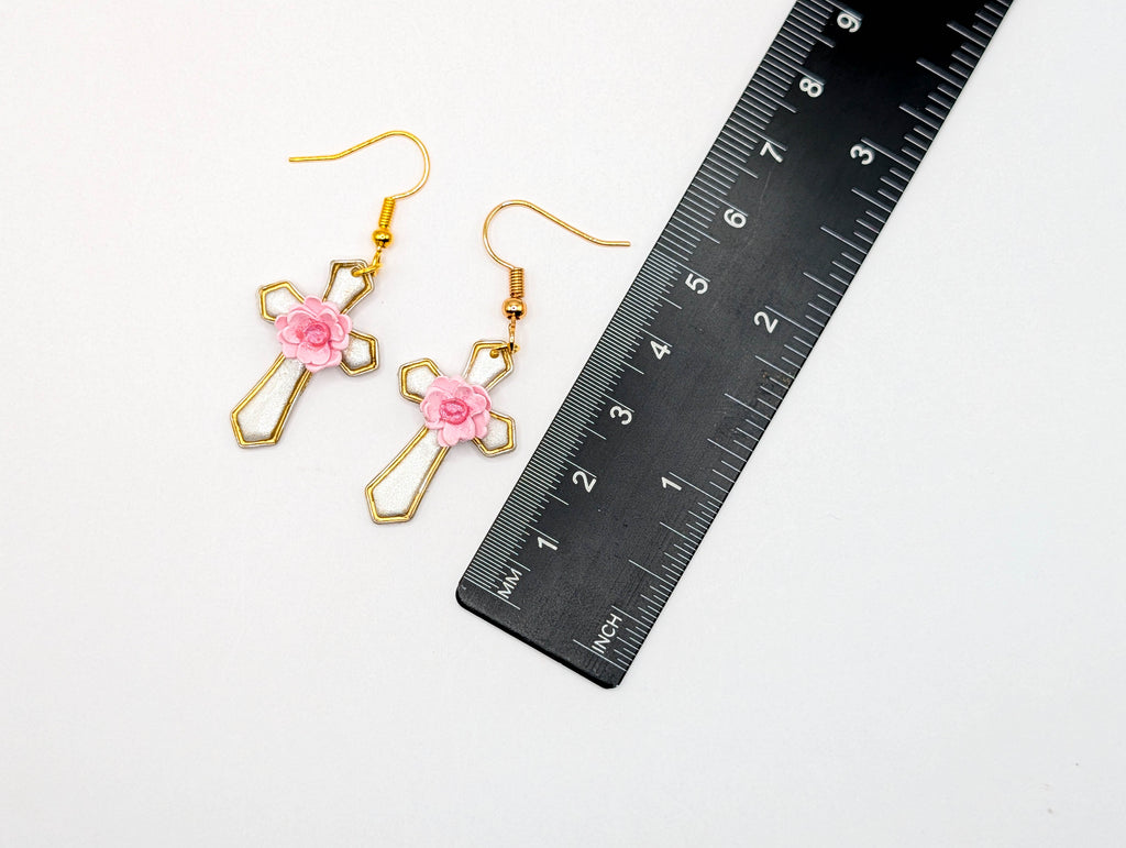 Pink Floral Cross Earrings