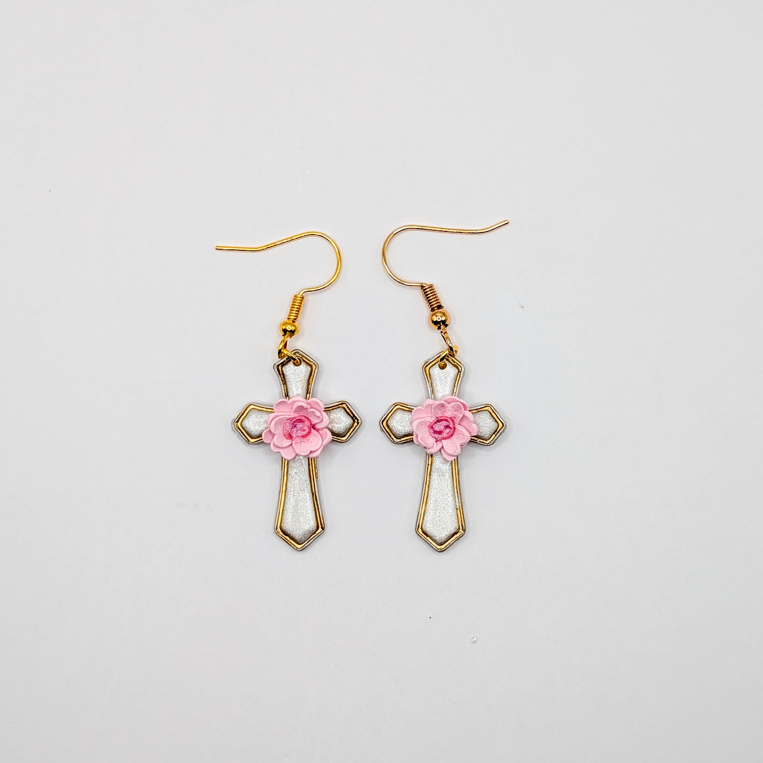 Pink Floral Cross Earrings