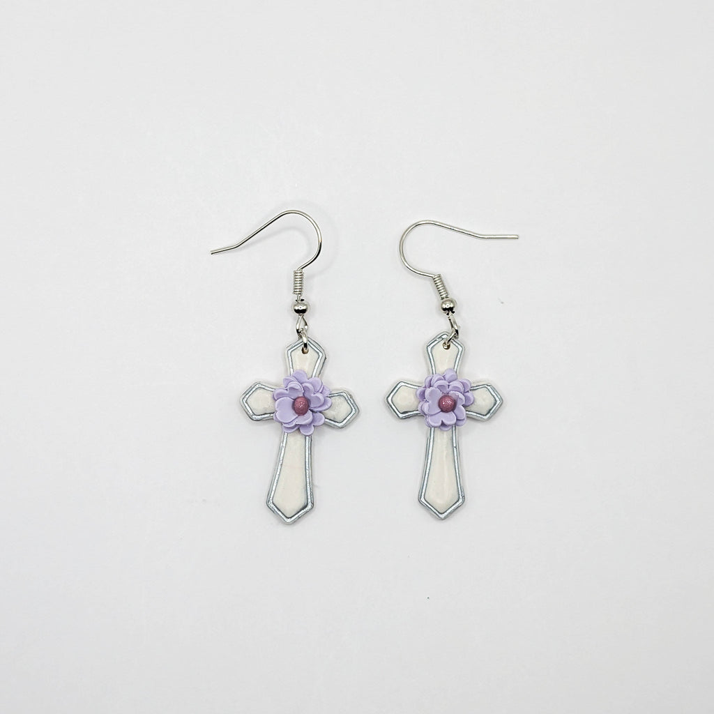 Lavender Floral Cross Earrings