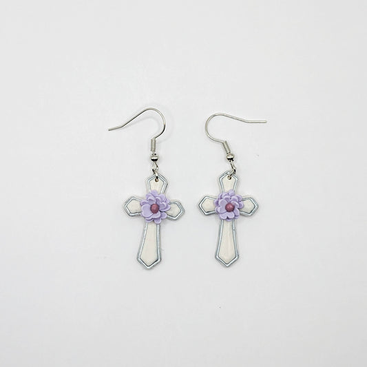 Lavender Floral Cross Earrings