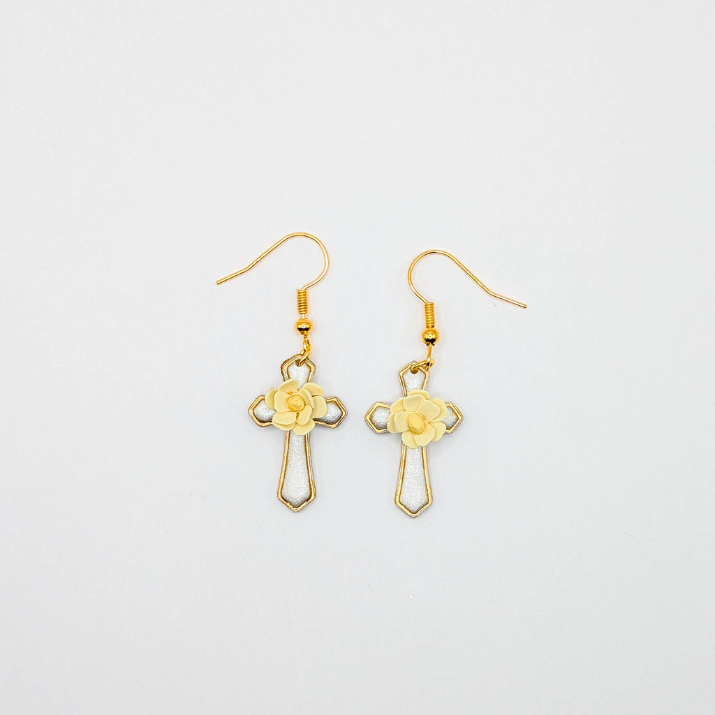 Yellow Floral Cross Earrings