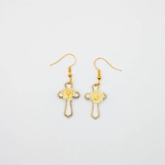 Yellow Floral Cross Earrings