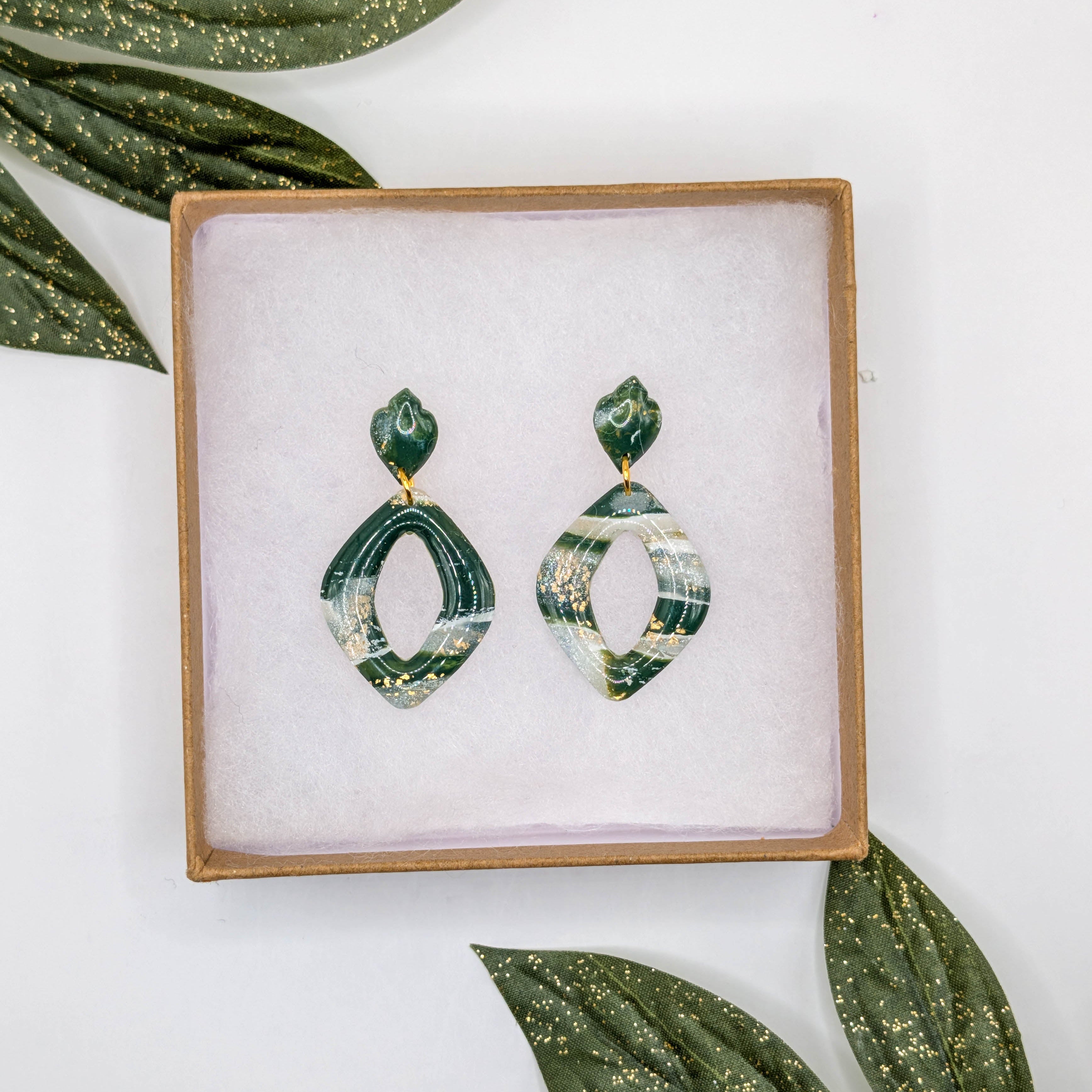 Forest Green Marble Polymer Clay Earrings