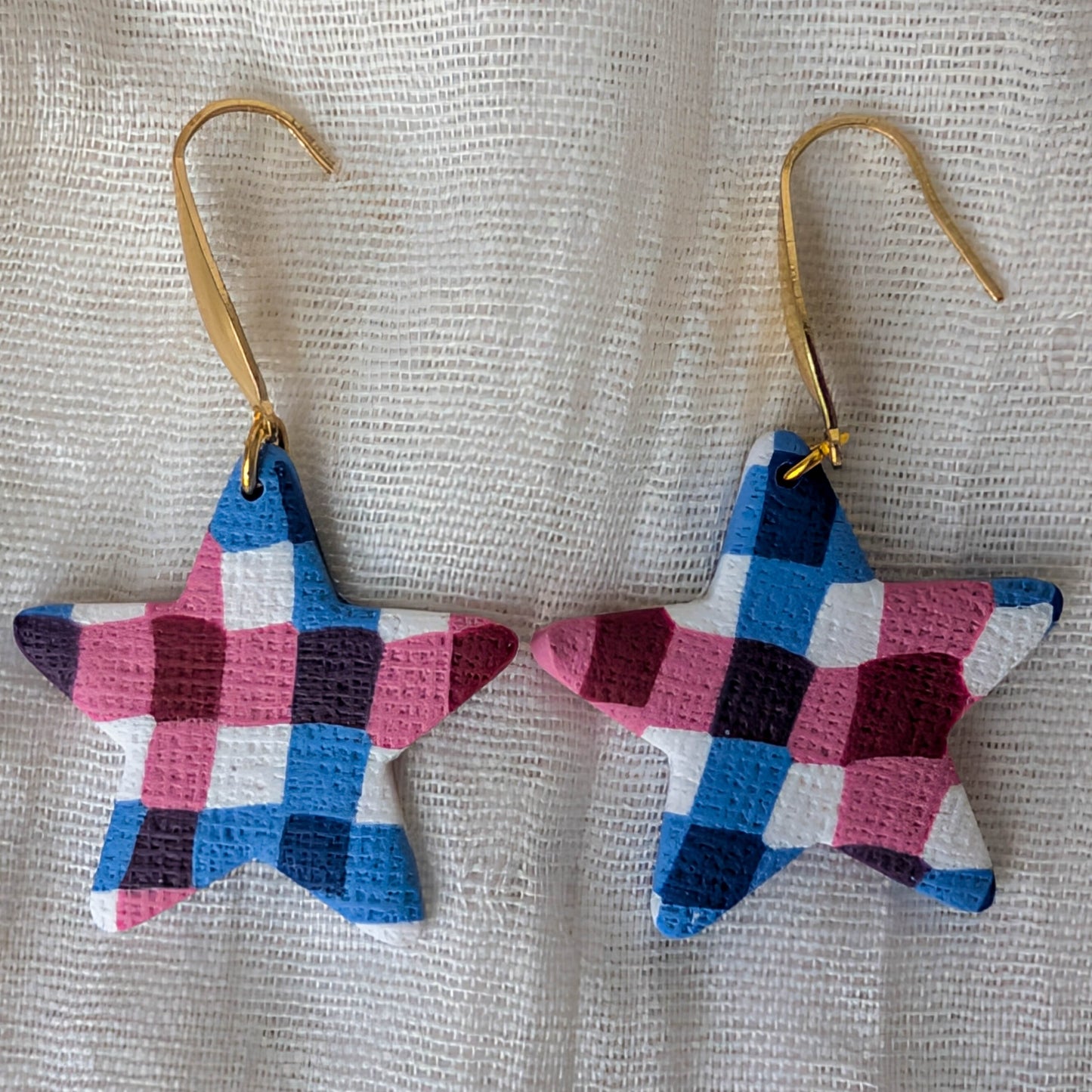 Handmade Fourth of July Gingham Stars (Patriotic USA Celebration Earrings)