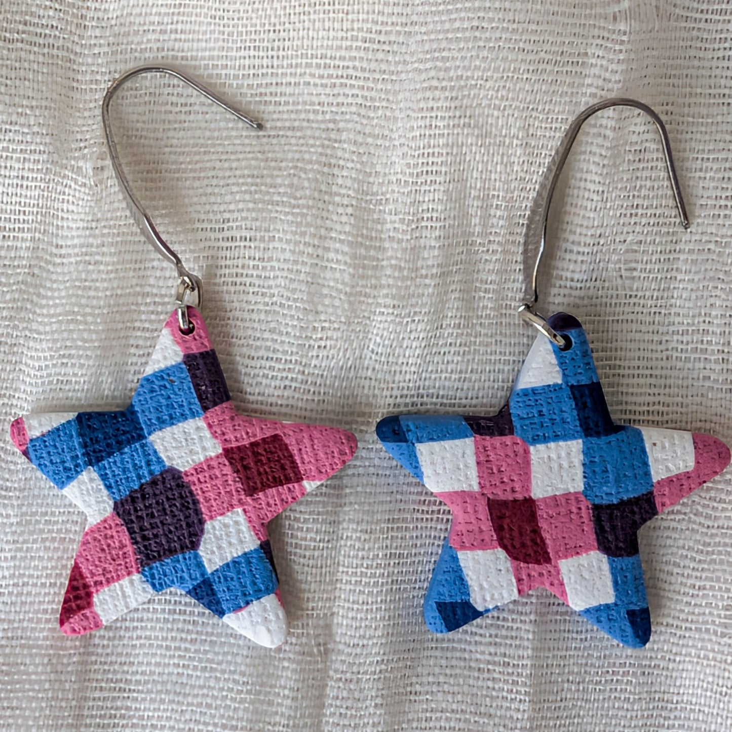 Handmade Fourth of July Gingham Stars (Patriotic USA Celebration Earrings)