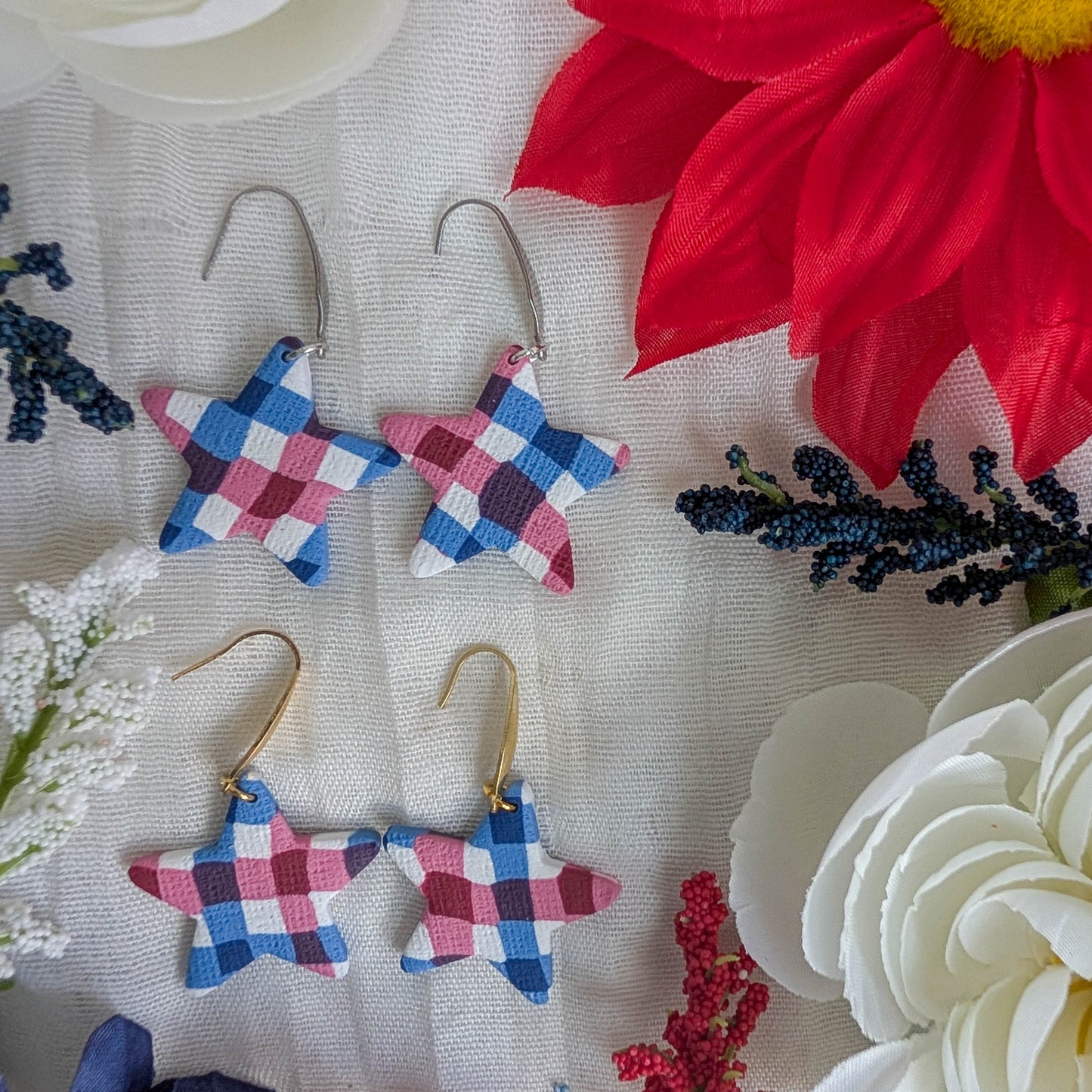 Handmade Fourth of July Gingham Stars (Patriotic USA Celebration Earrings)