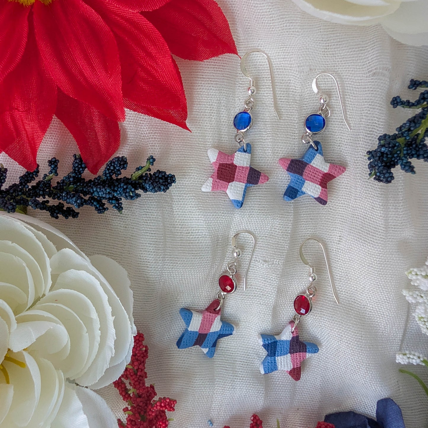 Handmade Lightweight Americana Dangle with Gingham Stars and Gems