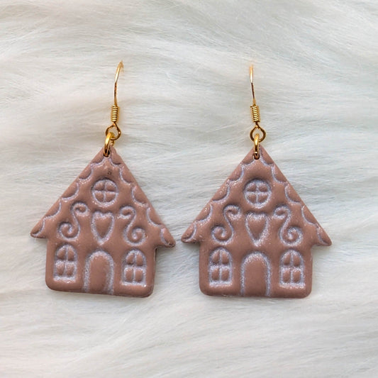 Pair of gingerbread house dangle earrings with gold-tone findings