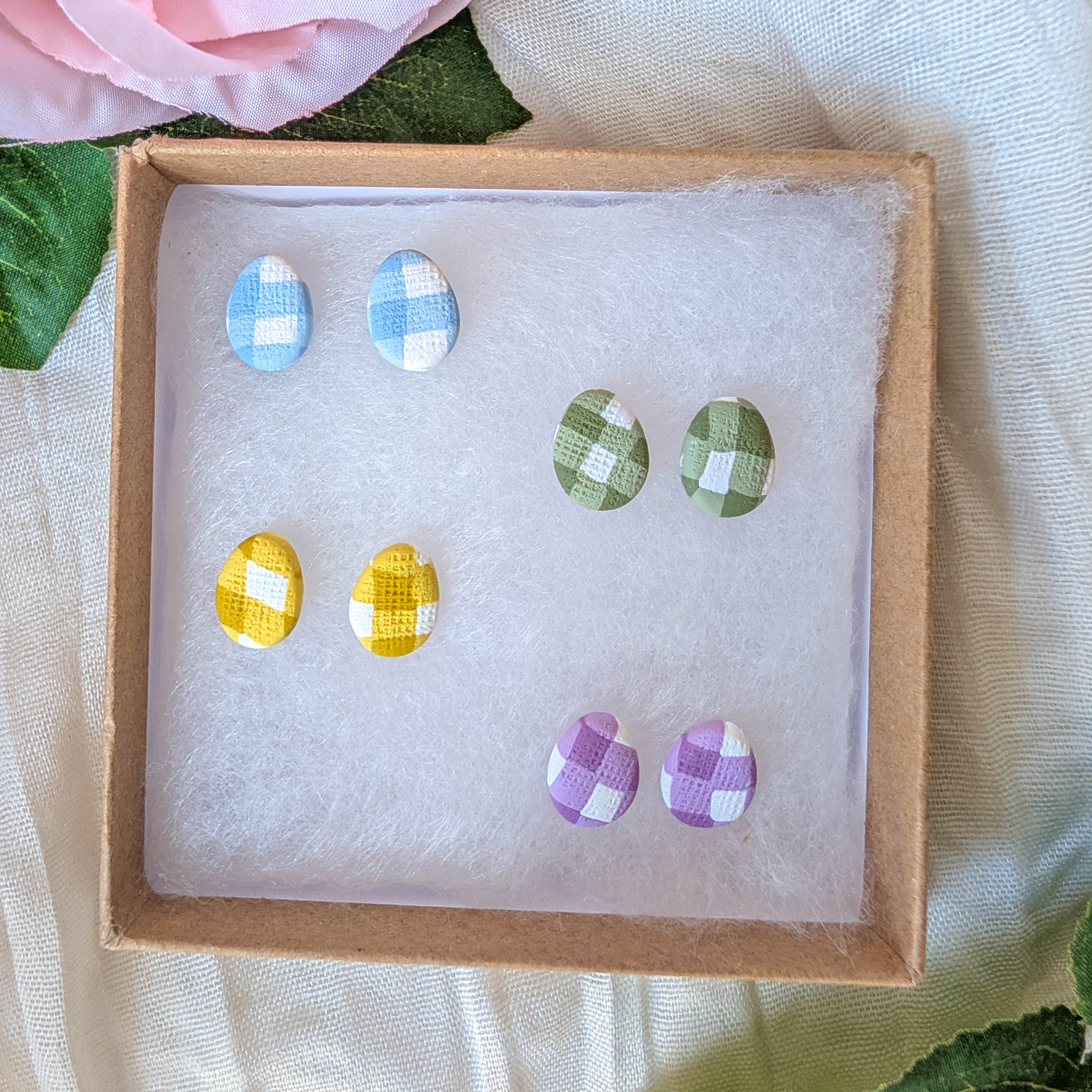 Gingham Polymer Clay Stud Earrings