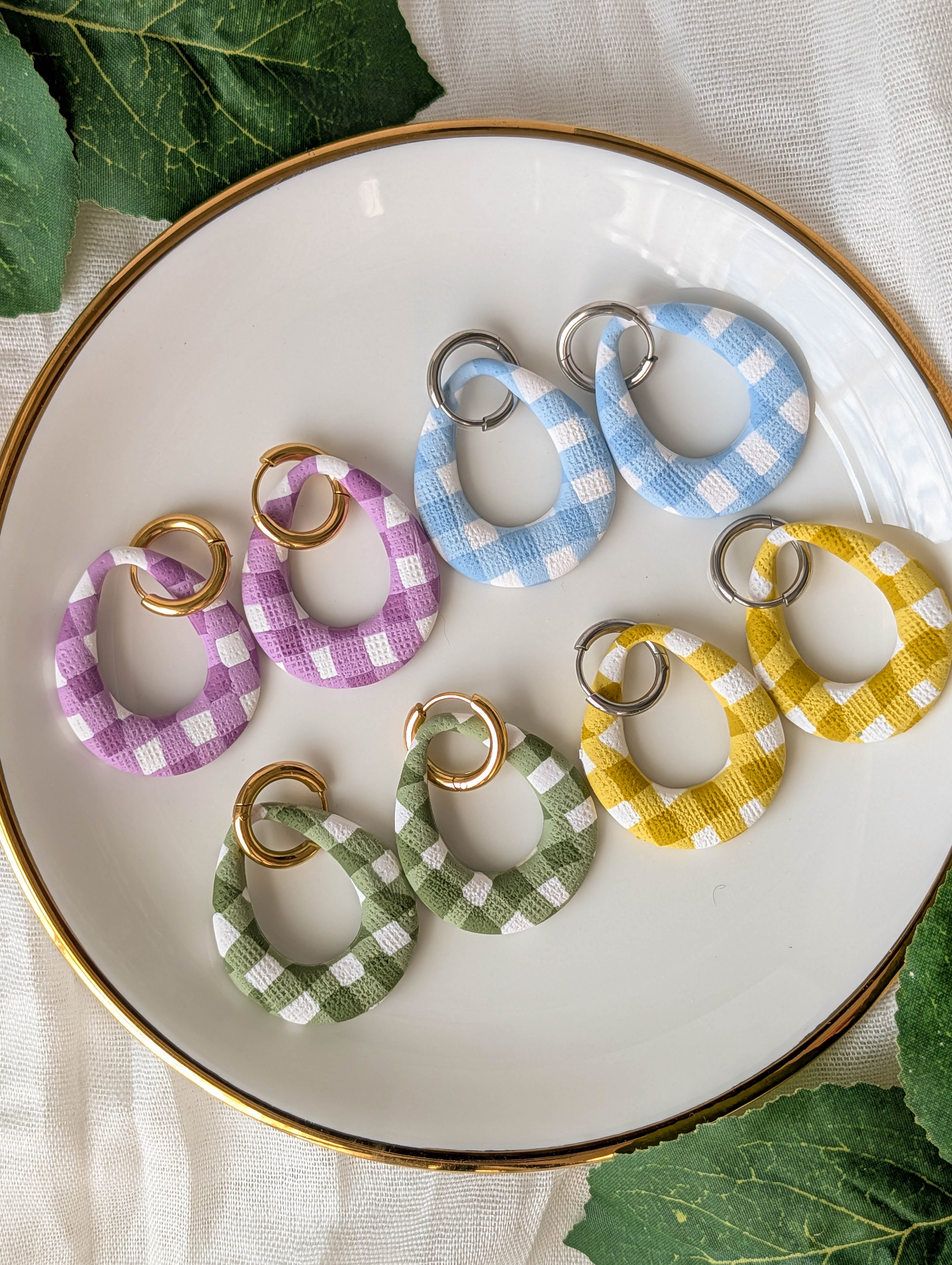 Gingham Polymer Clay Earrings: Interchangeable Cottagecore Dangles