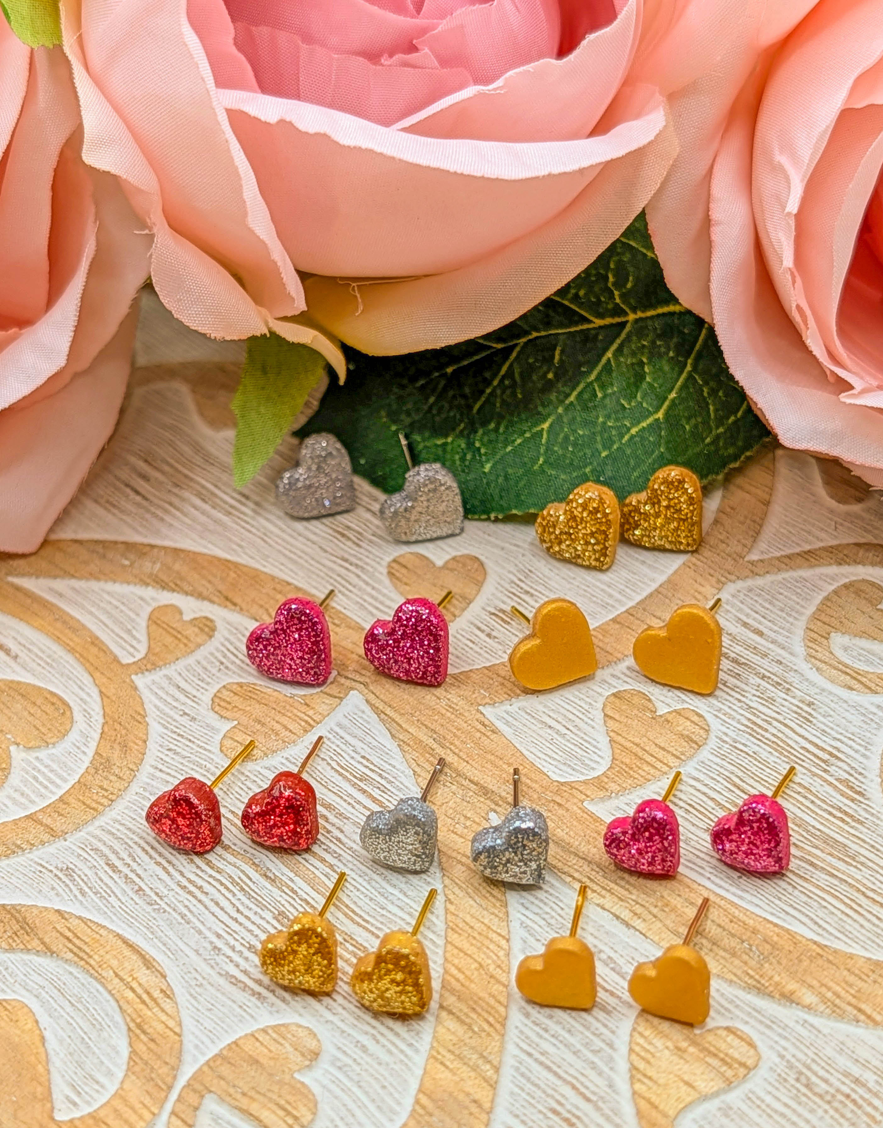 Glitter Heart Stud Earrings, Hypoallergenic Polymer Clay Earrings in Pink Red Silver or Gold