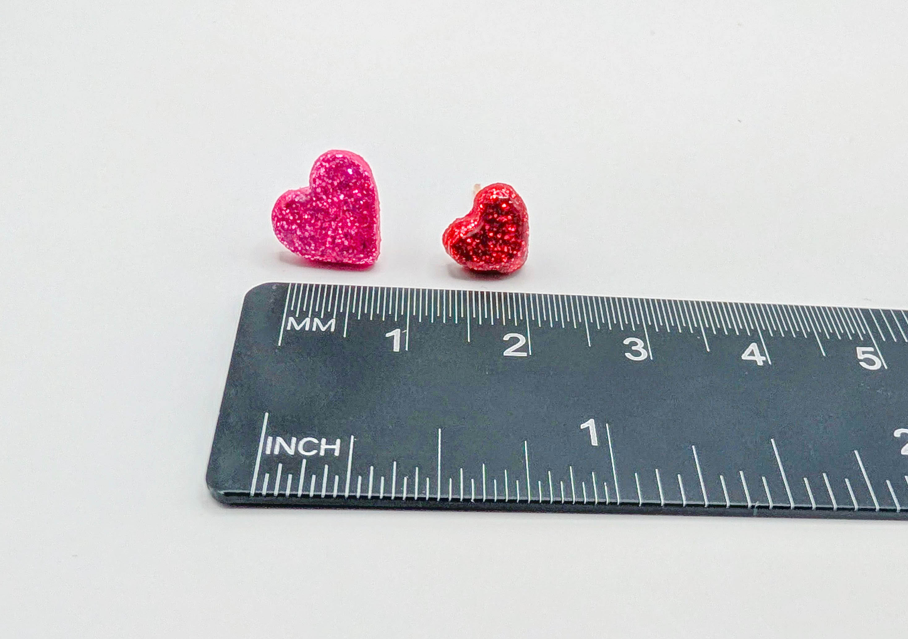 Glitter Heart Stud Earrings, Hypoallergenic Polymer Clay Earrings in Pink Red Silver or Gold
