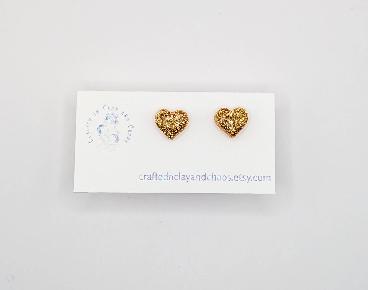 Glitter Heart Stud Earrings, Hypoallergenic Polymer Clay Earrings in Pink Red Silver or Gold