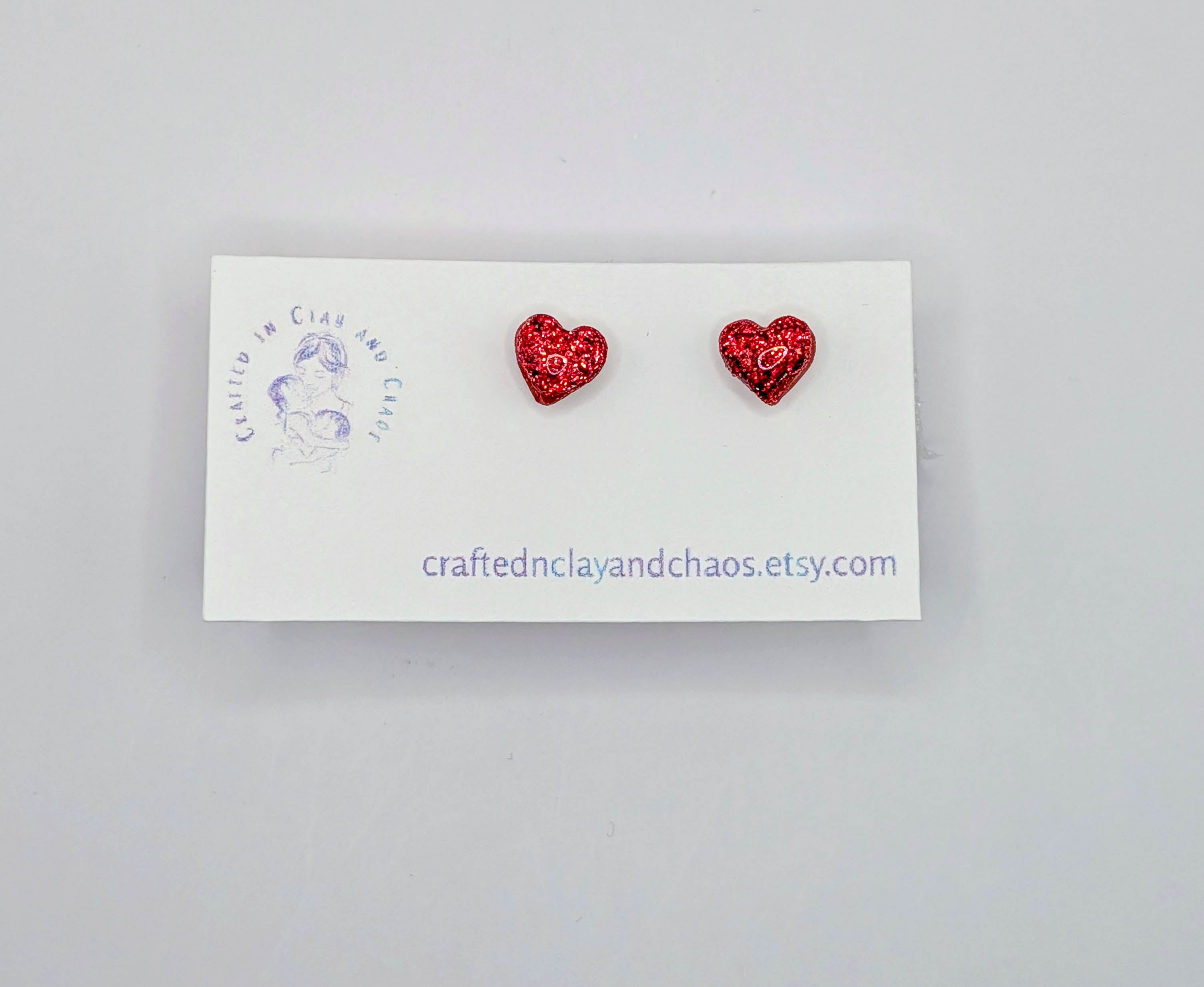 Glitter Heart Stud Earrings, Hypoallergenic Polymer Clay Earrings in Pink Red Silver or Gold