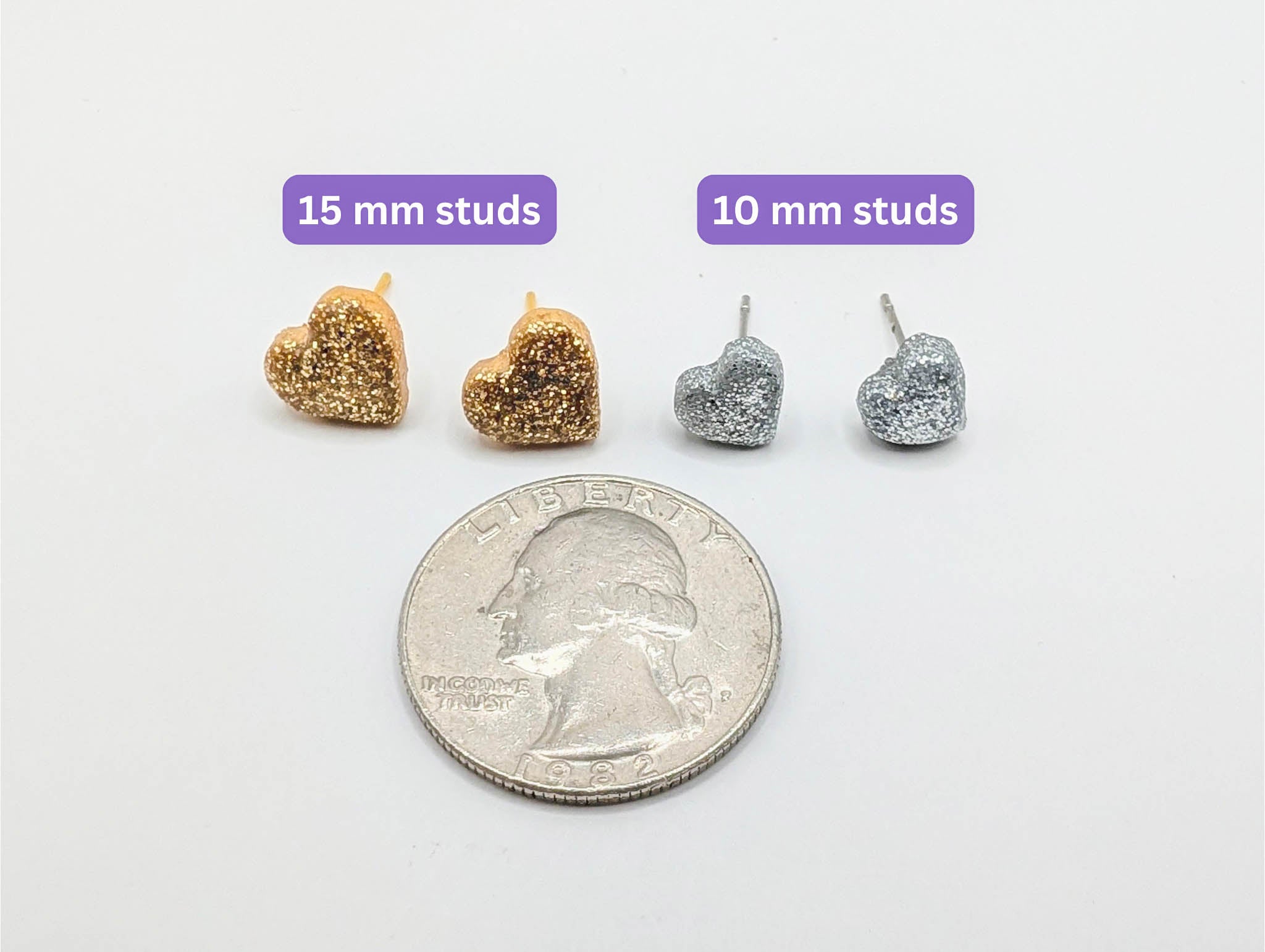 Glitter Heart Stud Earrings, Hypoallergenic Polymer Clay Earrings in Pink Red Silver or Gold