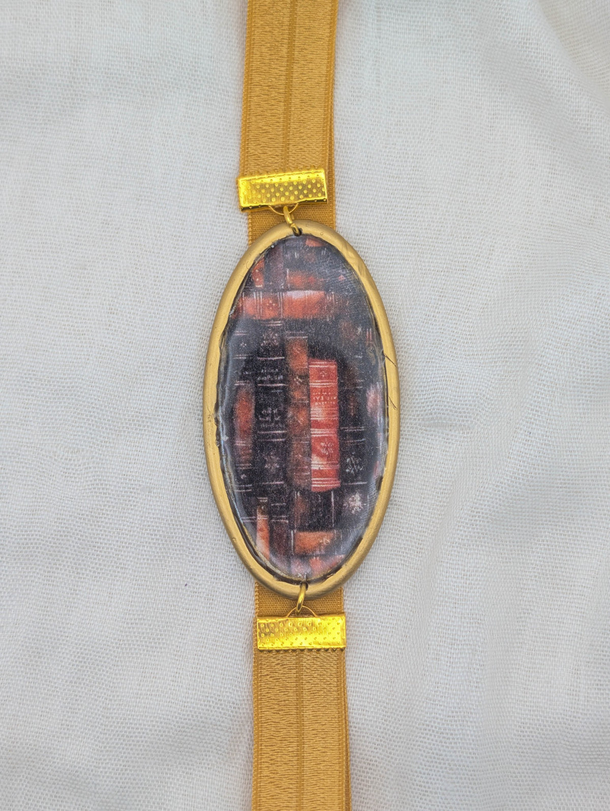 Gold framed gothic library polymer clay wrap-around bookmark with brown elastic band