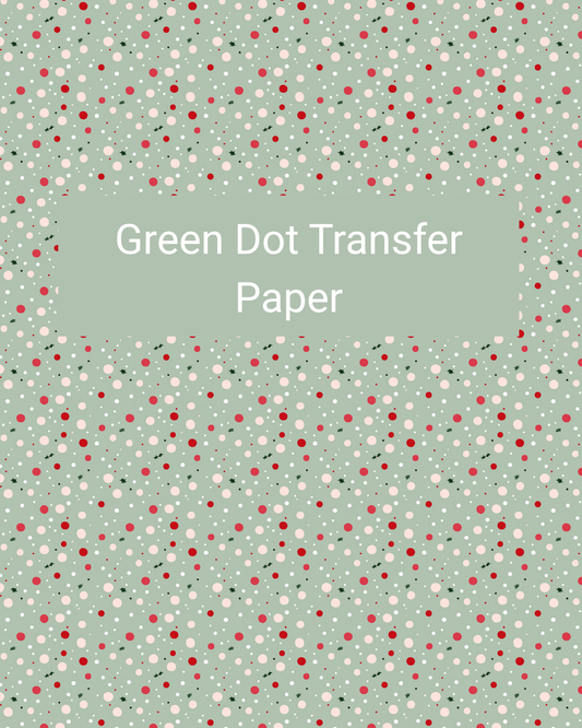 Green Dot polymer clay transfer paper with scattered red, white, and sage dots on a soft green background in soft green, red, white, and sage
