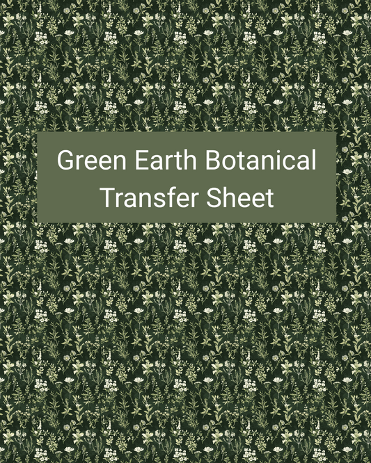 Green Earth Botanical polymer clay transfer paper with deep forest green, cream, and muted sage and delicate wildflowers, leafy stems, and small woodland botanicals