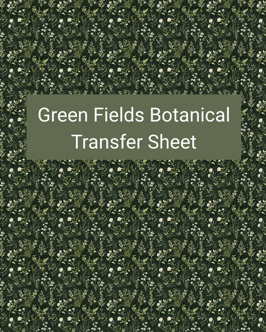 Green Fields Botanical polymer clay transfer paper with deep green, muted sage, and soft cream and small field flowers, leafy stems, and delicate scattered foliage
