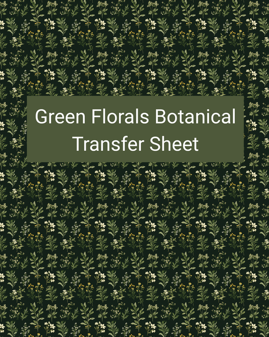 Green Florals Botanical polymer clay transfer paper with deep forest green, soft sage, muted yellow, and cream and small floral sprigs, delicate leaves, and repeating miniature botanicals