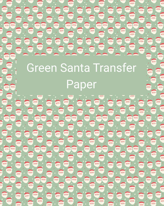 Green Santa polymer clay transfer paper with repeating Santa faces on a soft green background in soft green, red, white, and blush
