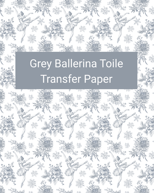 Grey Ballerina Toile polymer clay transfer paper with grey ballerinas, bows, florals, and classic toile-style motifs in white, pale grey, and soft blue-grey