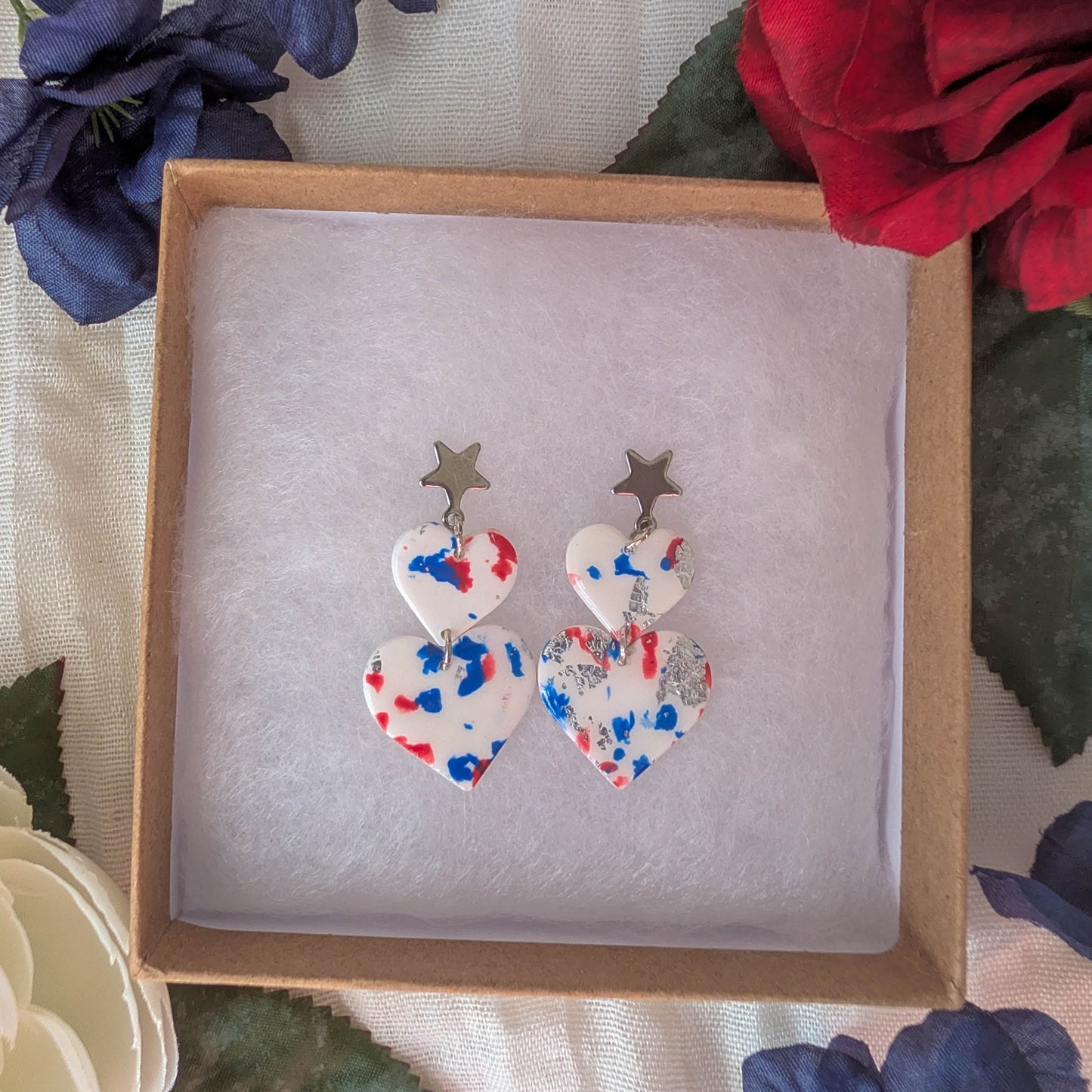 Red, White, and Blue Patriotic Double Heart Earrings for Fourth of July Celebrations