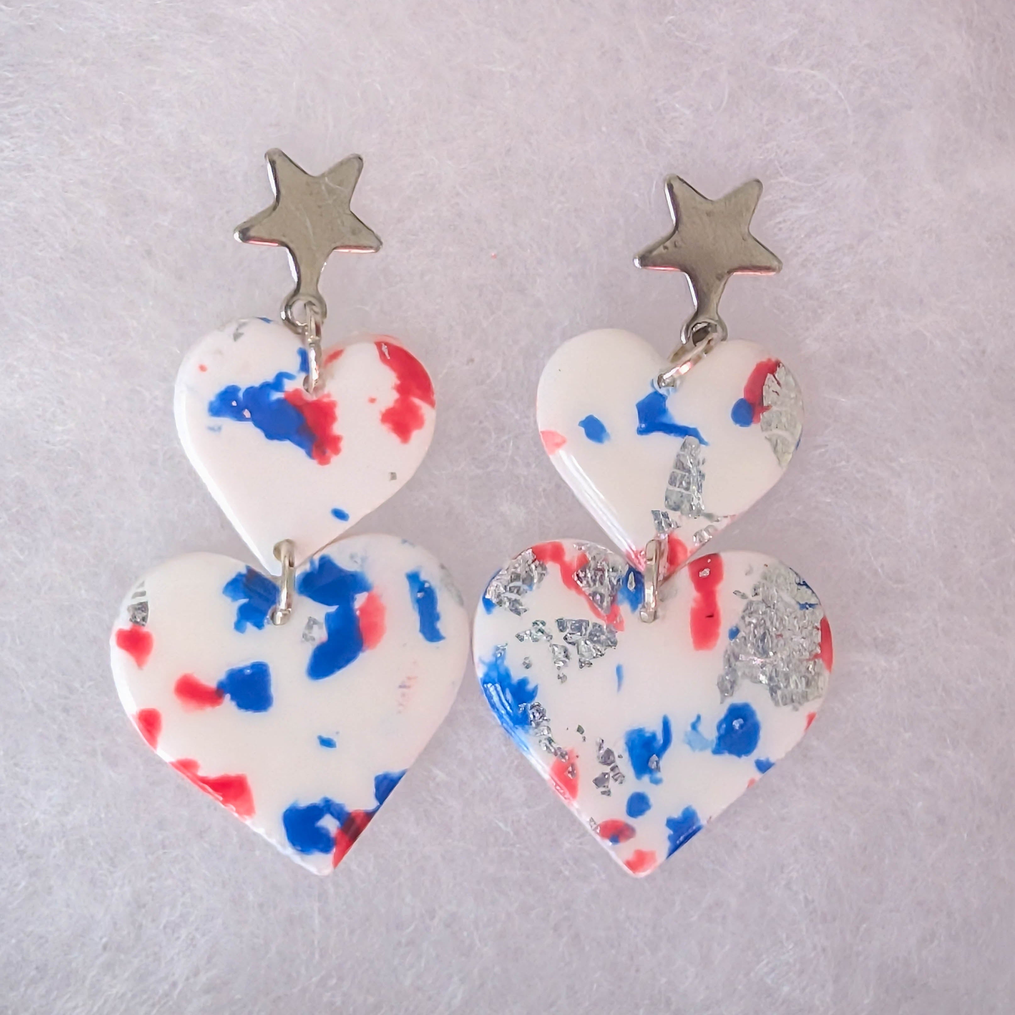 Red, White, and Blue Patriotic Double Heart Earrings for Fourth of July Celebrations