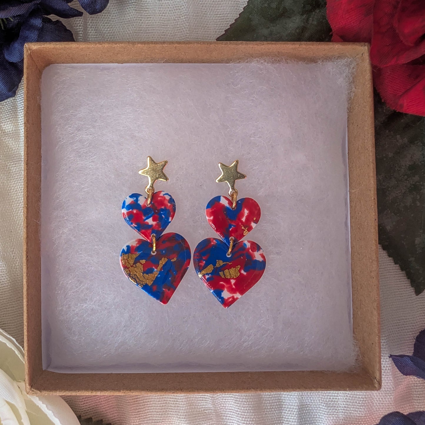 Red, White, and Blue Patriotic Double Heart Earrings for Fourth of July Celebrations