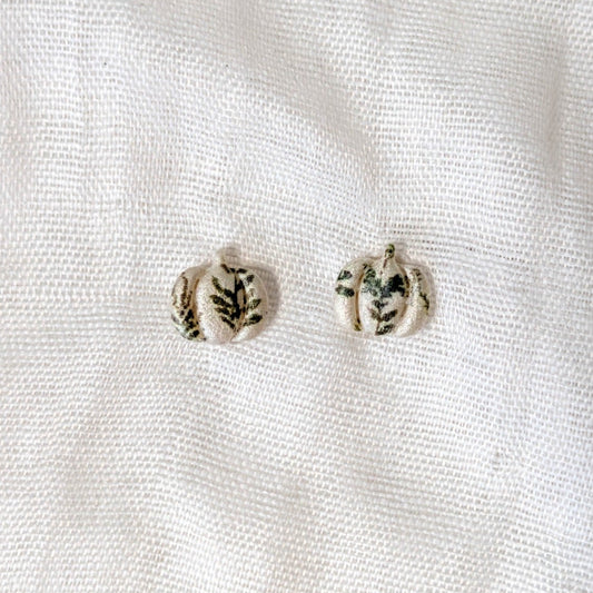 Ivory pumpkin mini stud earrings with rustic green botanical leaf pattern