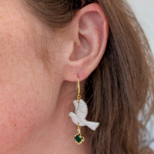 Green lace turtle dove Christmas dangle earring shown on ear for 4.5 cm scale