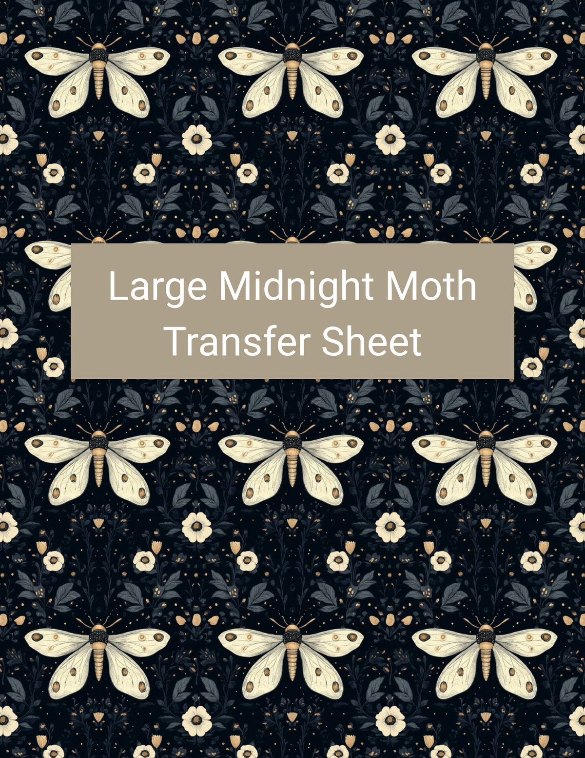 Large Midnight Moth polymer clay transfer paper with black, warm cream, soft white, and antique gold featuring large cream moths, petite white flowers, stars, and scattered golden dots