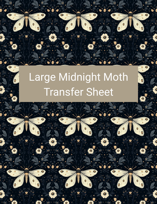 Large Midnight Moth polymer clay transfer paper with black, warm cream, soft white, and antique gold featuring large cream moths, petite white flowers, stars, and scattered golden dots