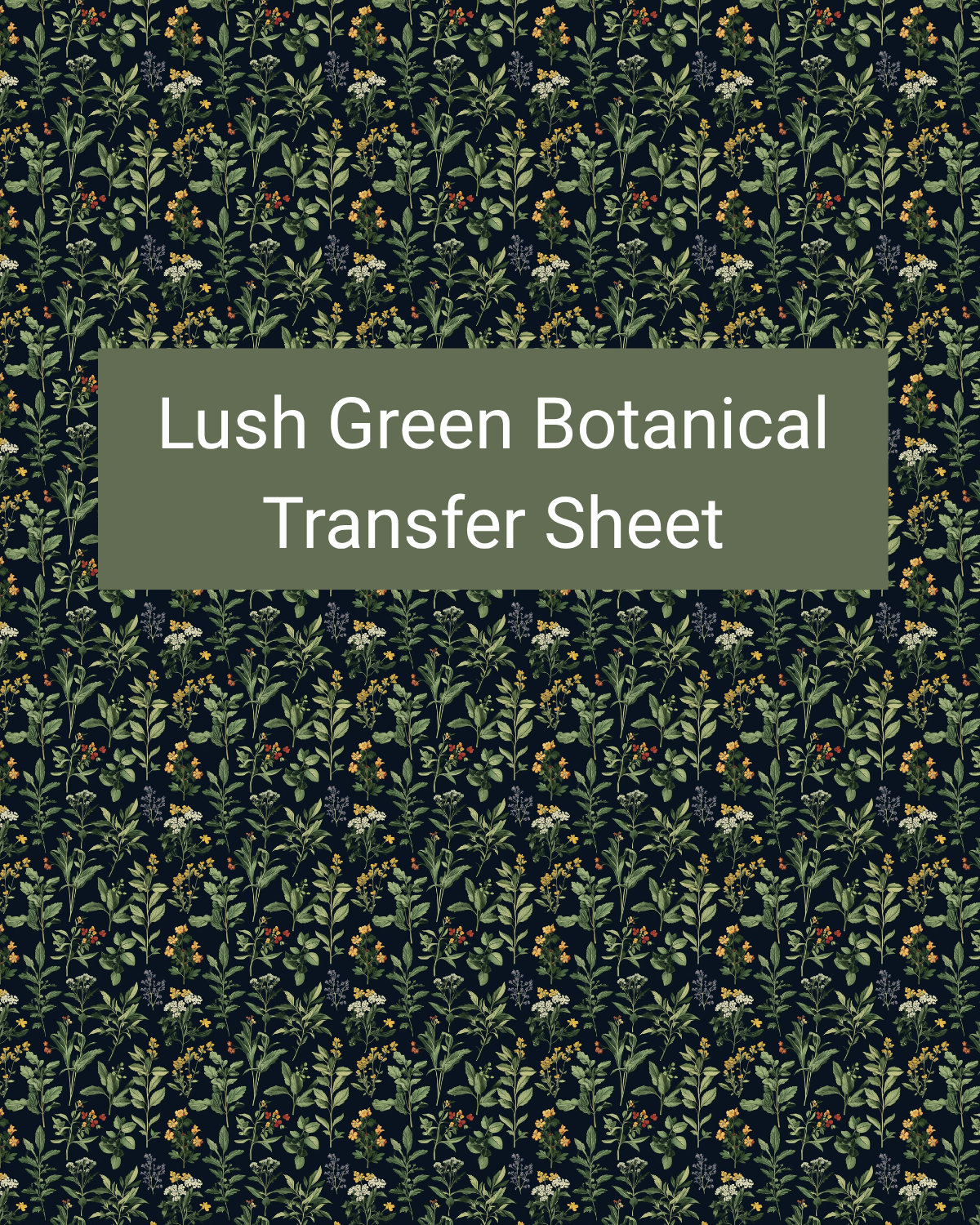 Lush Green Botanical polymer clay transfer paper with deep green, navy, sage, muted orange, and soft yellow and dense leafy branches, tiny berries, and scattered woodland blossoms