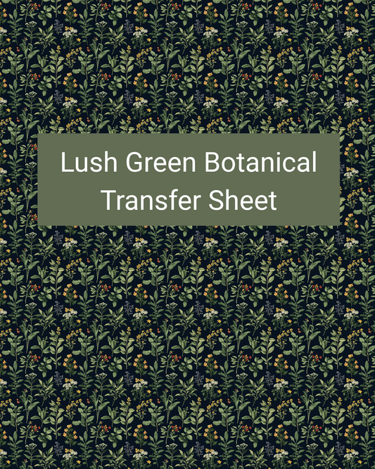 Lush Green Botanical polymer clay transfer paper with deep green, navy, sage, muted orange, and soft yellow and dense leafy branches, tiny berries, and scattered woodland blossoms