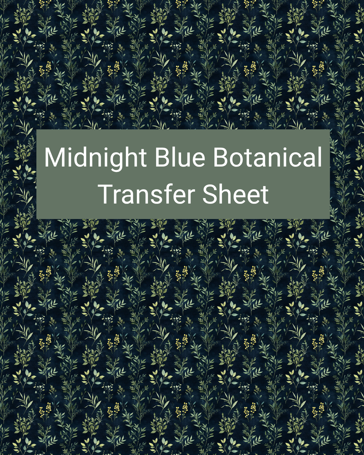 Midnight Blue Botanical polymer clay transfer paper with midnight blue, muted olive, and soft sage and slender leafy stems and delicate repeating botanical branches