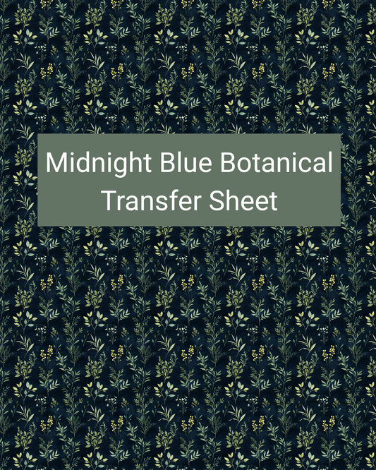 Midnight Blue Botanical polymer clay transfer paper with midnight blue, muted olive, and soft sage and slender leafy stems and delicate repeating botanical branches