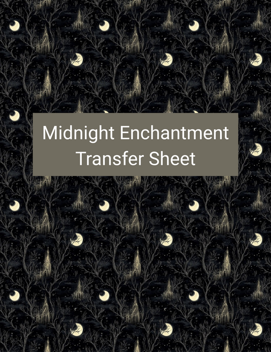 Midnight Enchantment polymer clay transfer paper with black, charcoal gray, warm cream, and muted gold featuring feathery black foliage, twisting woodland forms, and tiny glowing crescent moons
