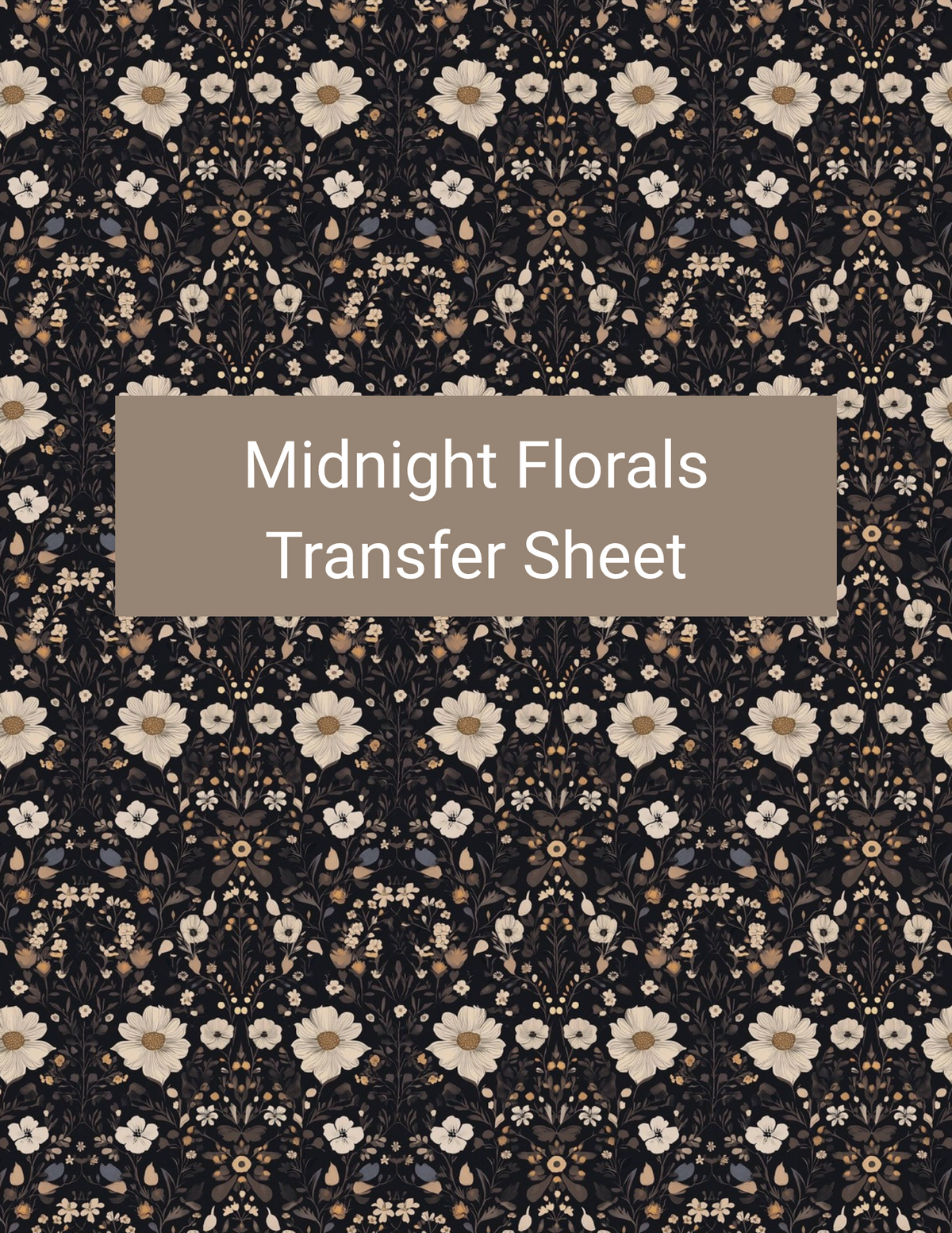 Midnight Florals polymer clay transfer paper with midnight navy, black, warm cream, peach beige, and soft gold featuring cream flower clusters, curling dark leaves, tiny blossoms, and lace-like botanical repeats