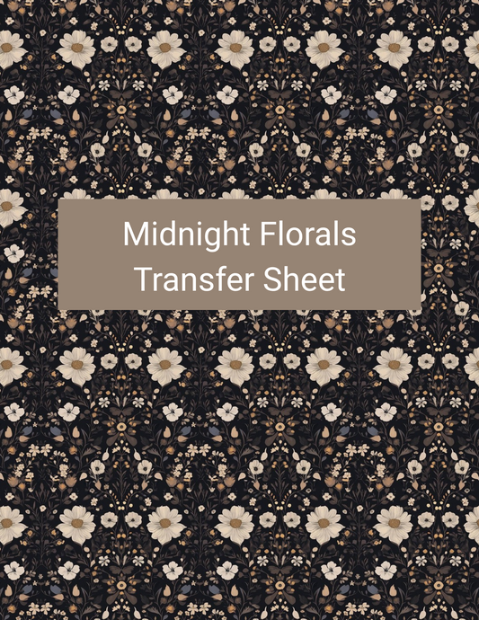 Midnight Florals polymer clay transfer paper with midnight navy, black, warm cream, peach beige, and soft gold featuring cream flower clusters, curling dark leaves, tiny blossoms, and lace-like botanical repeats