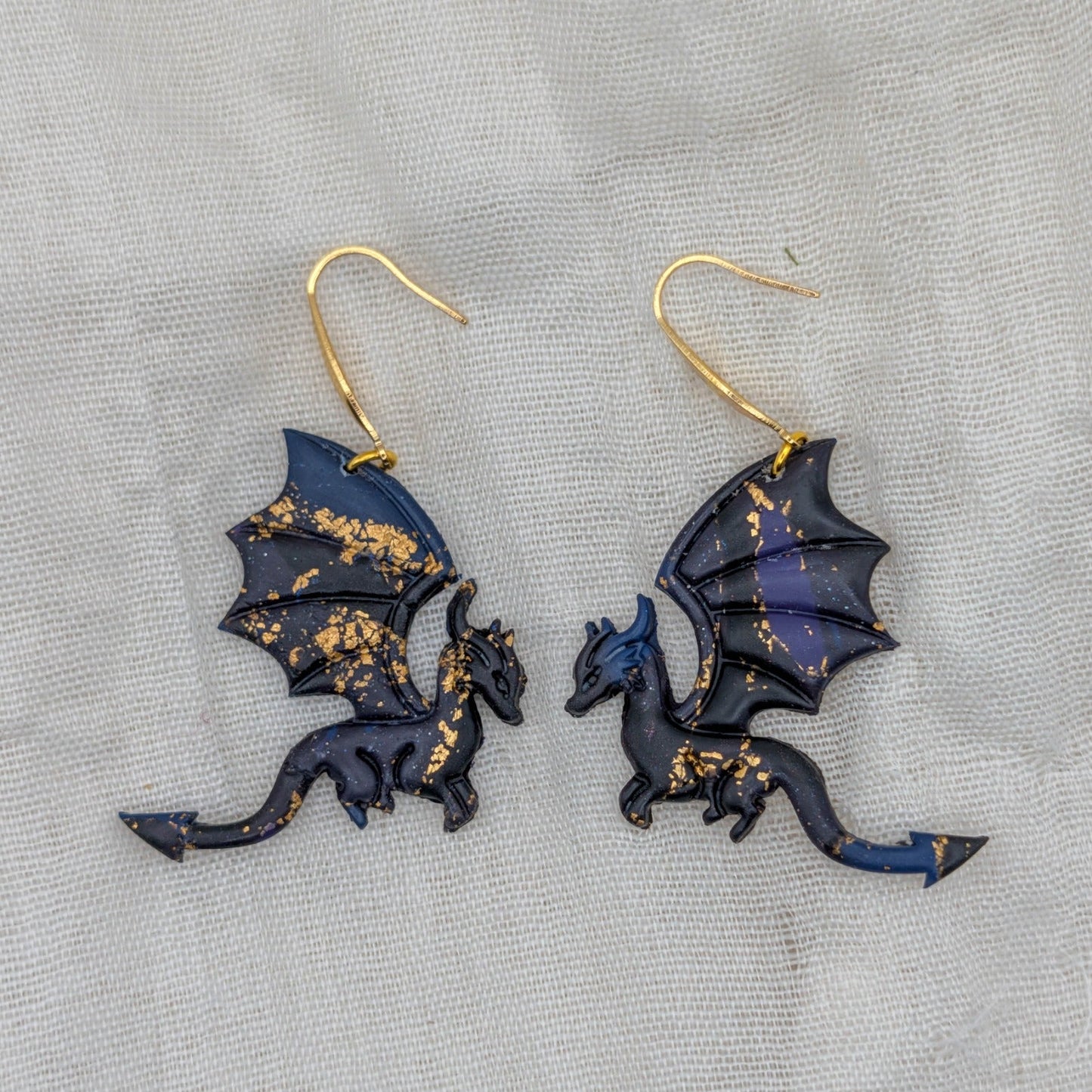 Large midnight marble dragon earrings with gold flecks and 18K gold-plated surgical-grade stainless steel hooks