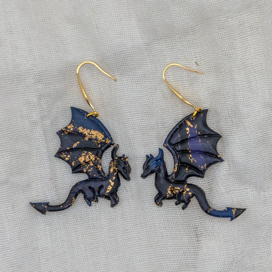 Large midnight marble dragon earrings with gold flecks and 18K gold-plated surgical-grade stainless steel hooks