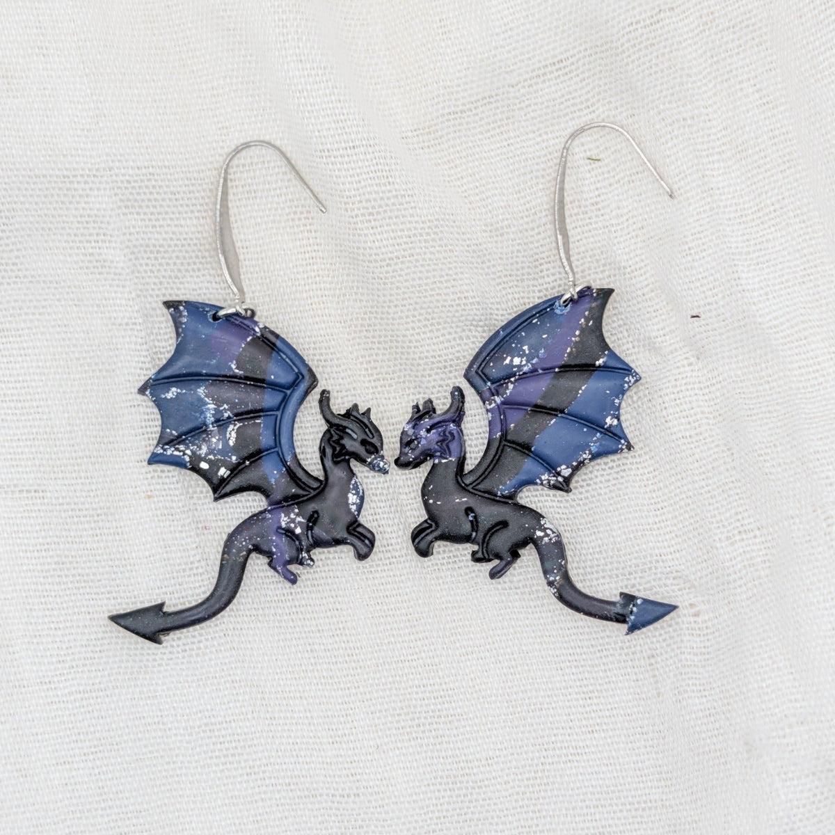 Large midnight marble dragon earrings with silver flecks and surgical-grade stainless steel hooks