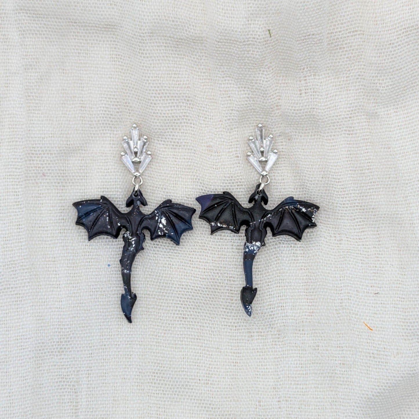 Small silver-flecked midnight marble dragon earrings with silver-plated cubic zirconia leaf studs