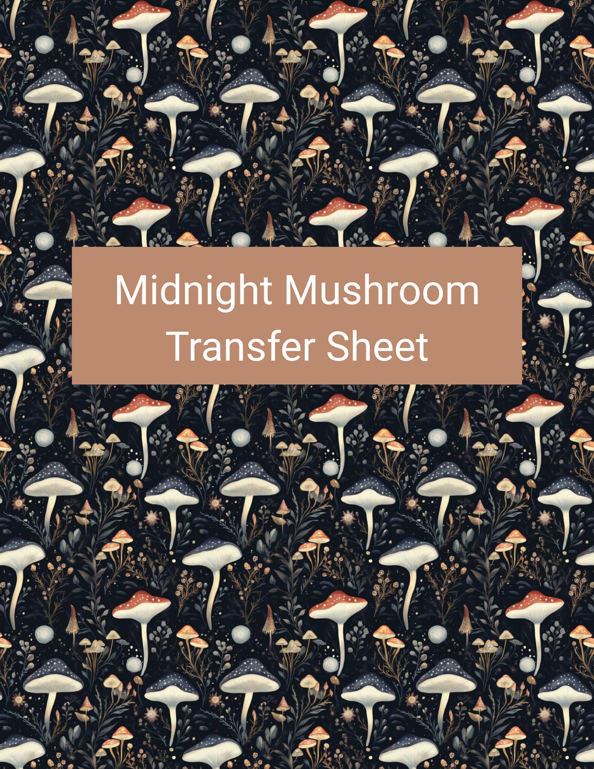 Midnight Mushroom polymer clay transfer paper with midnight navy, charcoal black, warm cream, muted rust, and soft gold featuring cream and rust-capped mushrooms, delicate forest foliage, and tiny celestial details