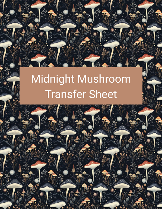 Midnight Mushroom polymer clay transfer paper with midnight navy, charcoal black, warm cream, muted rust, and soft gold featuring cream and rust-capped mushrooms, delicate forest foliage, and tiny celestial details