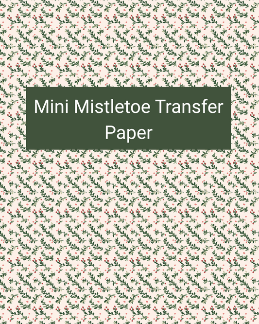Mini Mistletoe polymer clay transfer paper with tiny mistletoe sprigs and red berries in a close repeat in cream, forest green, sage, and red