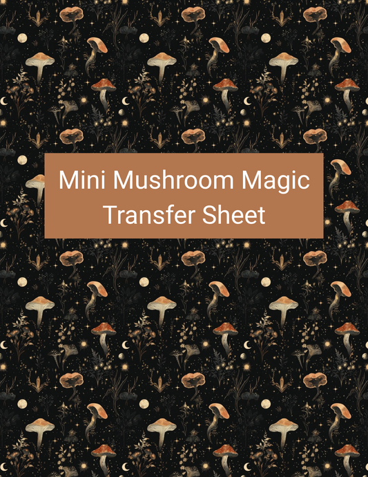 Mini Mushroom Magic polymer clay transfer paper with black, warm cream, burnt orange, soft gold, and muted brown featuring miniature cream and orange mushrooms, tiny stars, and delicate woodland botanicals