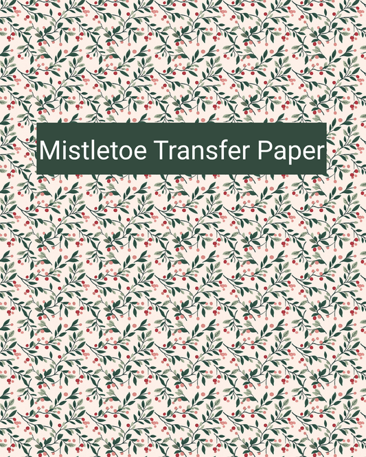 Mistletoe polymer clay transfer paper with flowing mistletoe branches with red berries and delicate leaves in cream, deep green, sage, red, and blush