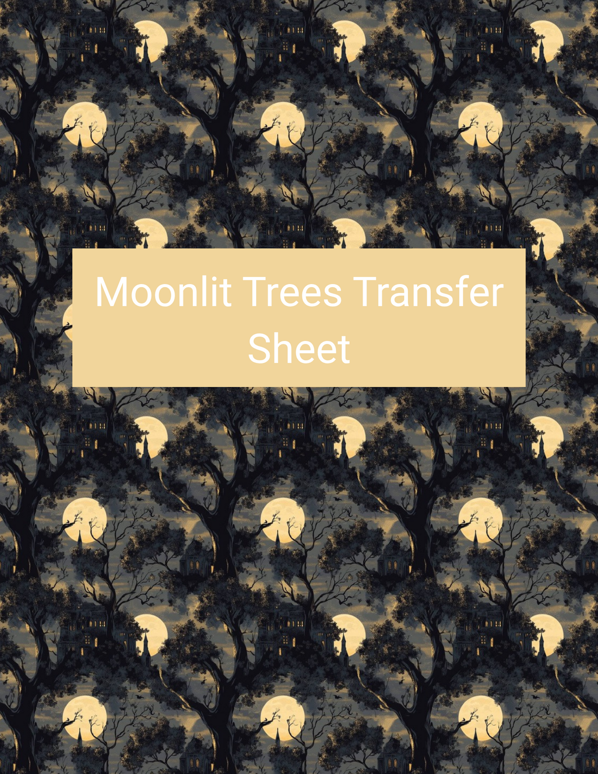 Moonlit Trees polymer clay transfer paper with charcoal black, smoky gray, muted gold, and warm cream featuring glowing moons, dark tree silhouettes, wispy clouds, and shadowy forest layers